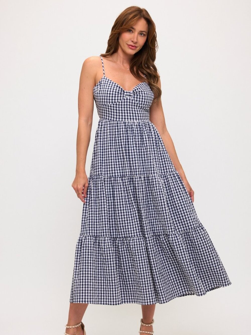 Gingham Bow Bust Tie Back Tiered Maxi Dress
